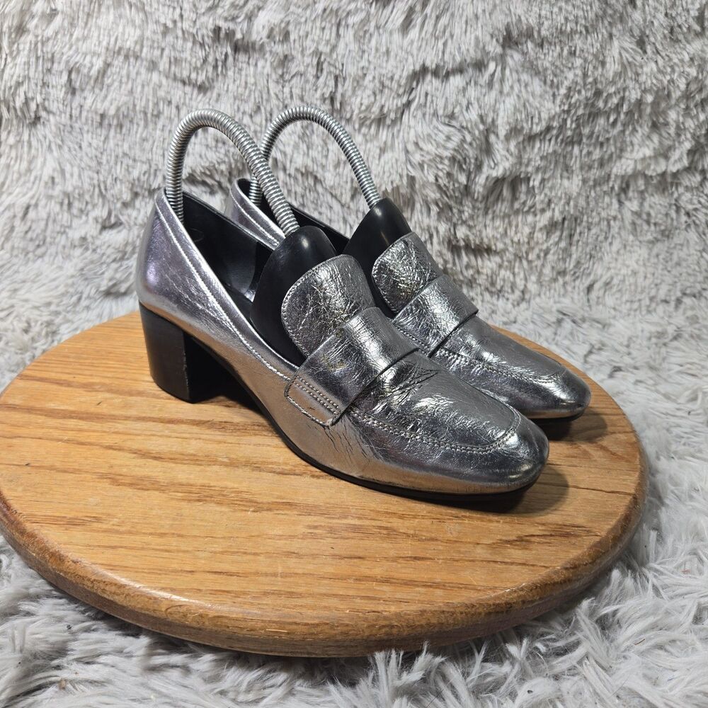Marc Fisher Hudson Metallic Silver Block Heel Loafer Wmn 7.5 Retro Luxury Oxford